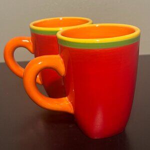 Set of 2 Vtg Dansk CARIBE ARUBA Hand Painted Ceramic Mugs in Red, Orange, Yellow